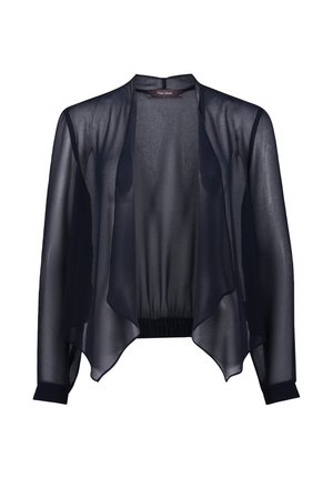 Navy sheer jacket with a flowy design, open front, and long sleeves. Features a gathered waistband and smooth texture.