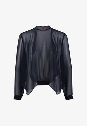 Marineblauwe transparante jas met een vloeiende ontwerp, open voorkant en lange mouwen. Heeft een gathered tailleband en een zachte textuur.