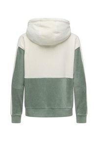Felpa con cappuccio in velluto a coste color crema e verde salvia, caratterizzata da una texture a coste e un design a blocchi di colore, con una vestibilità rilassata.