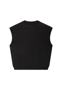 Μαύρο, αμάνικο πλεκτό πουλόβερ με ραβδωτό γιακά και ανοιχτές μανσέτες. Η πλάτη διαθέτει λεία υφή και μινιμαλιστικό σχέδιο.