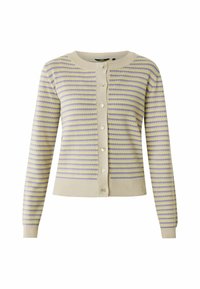 Stickad kofta i krämfärgad med vågräta ränder i lavendel och gult. Har en rund hals och fem knappar framtill.