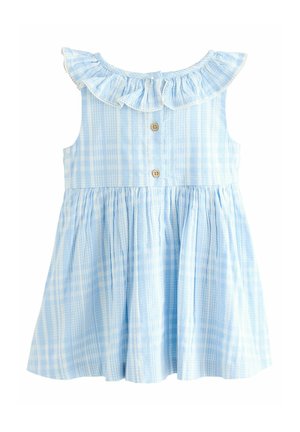 Rochie cu carouri albastre deschise, cu decolteu volanat, închidere cu buton și fustă plisată. Fabricată dintr-un amestec texturat de bumbac.