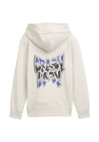 Witte hoodie met een groot "CRAZY LAZY" graphic in tinten blauw en zwart op de achterkant. Voorzien van een trekkoordcapuchon en geribde manchetten.