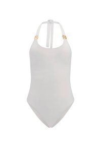 White one-piece swimsuit with a halter neck and ties at the back, featuring gold-tone hardware accents on the shoulder straps. Smooth texture.