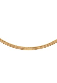 Collana multi-strato color oro con anelli piatti e rotondi intrecciati, caratterizzata da una superficie liscia e lucida e da un design flessibile.