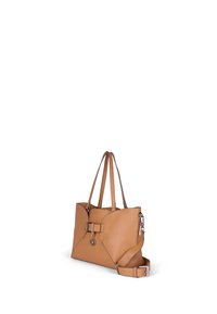 Borsa tote in pelle color cuoio con due tracolle, una tracolla rimovibile, dettagli cuciti e un dettaglio simile a una cintura sul davanti.