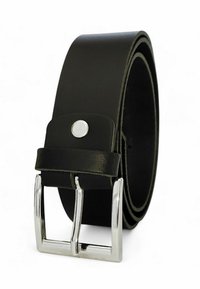 Schwarzer Ledergürtel mit glatter Textur und silberner Metallschließe. Verfügt über Nieten-Details in der Nähe der Schnalle und ein klassisches Design.