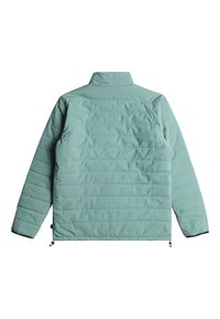 Hellblau gesteppte Jacke mit Stehkragen und langen Ärmeln. Verfügt über horizontale Nähte, elastische Bündchen und einen Kordelzugsaum.