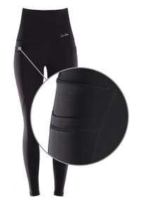 Högmidjade svarta tights med en slät yta, som har en liten fickdetalj och plattlocksöm för komfort och stöd.