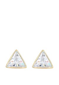Boucles d'oreilles triangulaires en ton or avec des cristaux facettés transparents présentant une surface multifeuilletée, reflétant la lumière avec une finition polie.