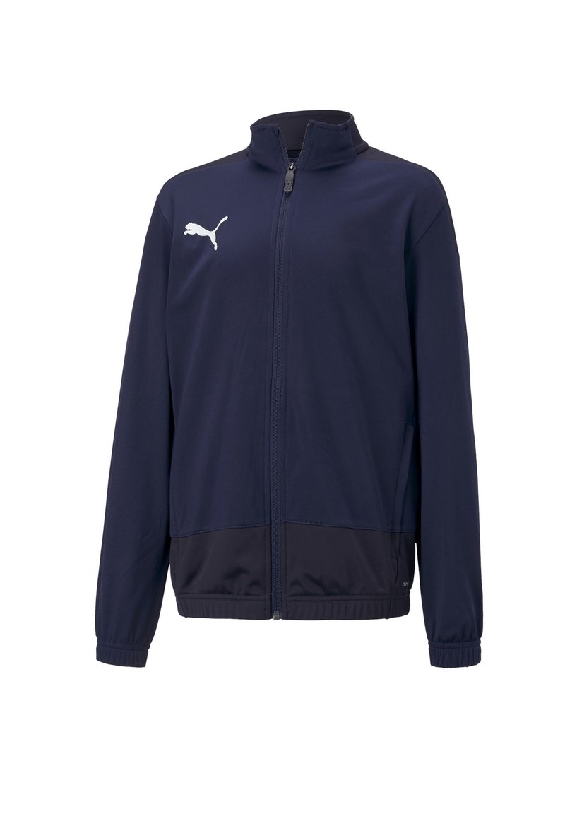 Veste de sport bleue marine avec fermeture éclair intégrale, poches latérales, manches longues, poignets côtelés et un logo blanc sur la poitrine gauche. Fabriquée en tissu léger.