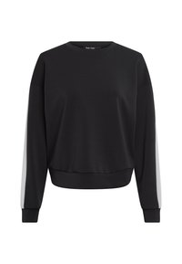 Black sweatshirt with a relaxed fit, round neckline, and long sleeves featuring white side panel accents. Smooth texture and ribbed cuffs.