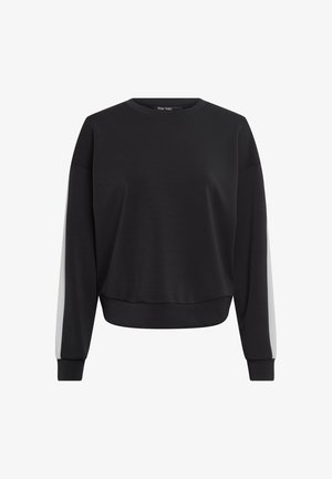 Schwarzer Pullover mit lockerem Schnitt, rundem Halsauschnitt und langen Ärmeln, ausgestattet mit weißen Seitenpanel-Akzenten. Glatte Textur und gerippte Bündchen.