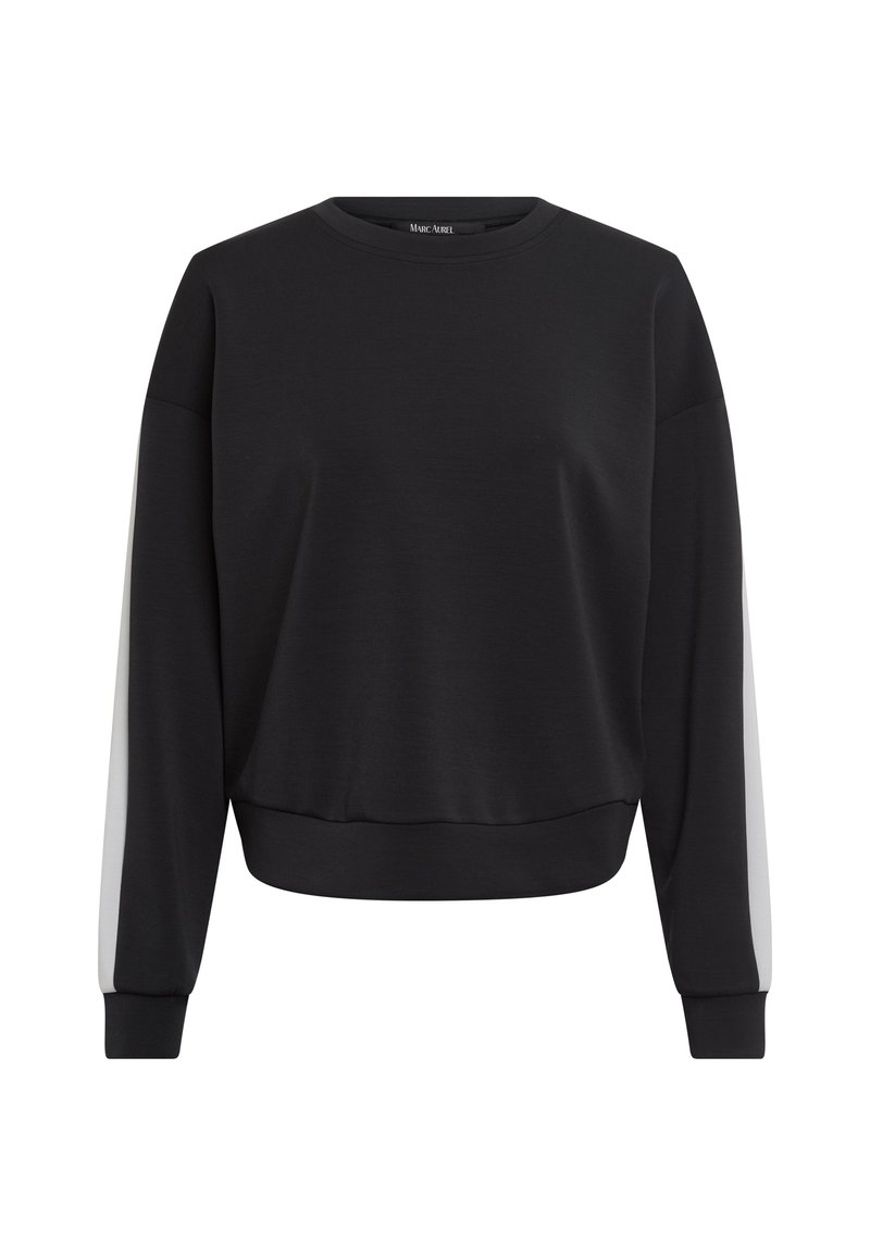 Black sweatshirt with a relaxed fit, round neckline, and long sleeves featuring white side panel accents. Smooth texture and ribbed cuffs.