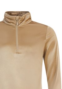 Lichtgouden pullover met een hoge kraag en een ritssluiting tot halverwege. Glad, glanzende stof met lange mouwen en minimale naden voor een strakke uitstraling.