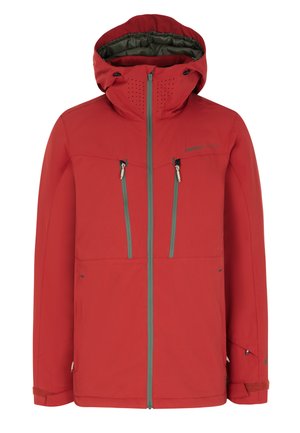 Veste imperméable rouge avec une capuche, dotée de zips et de poches gris. Texture lisse et design respirant avec des trous de ventilation.