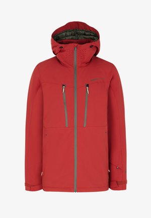 Rode waterdichte jas met capuchon, voorzien van grijze ritsen en zakken. Gladde textuur en ademend ontwerp met ventilatiegaten.