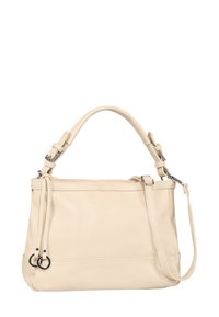 Romige leren handtas met een duale handvatontwerp. Beschikt over een verstelbare schouderriem, een gladde textuur en subtiele stiksels.