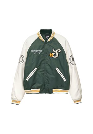 Bomber jacket featuring a green body and white sleeves, snap button closure, embroidered designs, side pockets, and striped ribbed cuffs.