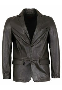 Schwarze Lederblazer mit Schößchen, zwei Fronttaschen, einer Brusttasche und zwei Knöpfen vorne. Glatte Textur.