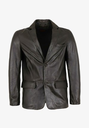 Schwarze Lederblazer mit Schößchen, zwei Fronttaschen, einer Brusttasche und zwei Knöpfen vorne. Glatte Textur.