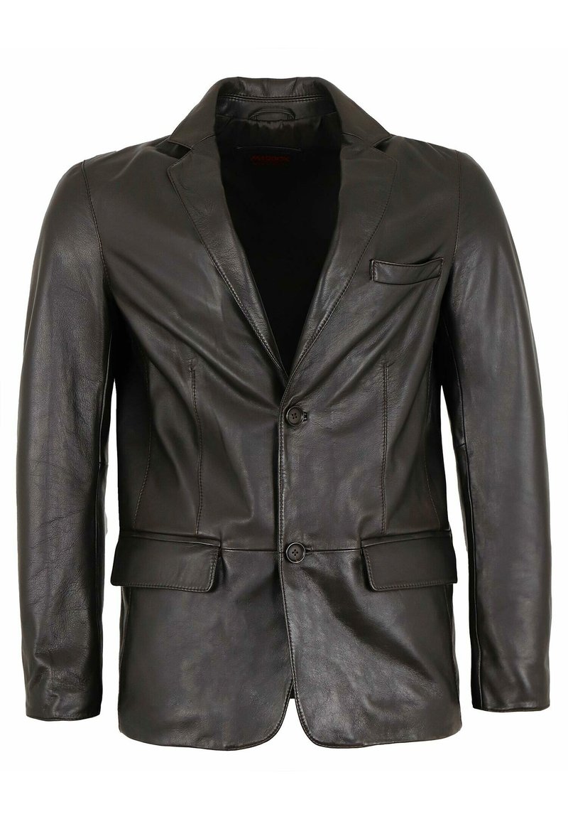 Schwarze Lederblazer mit Schößchen, zwei Fronttaschen, einer Brusttasche und zwei Knöpfen vorne. Glatte Textur.