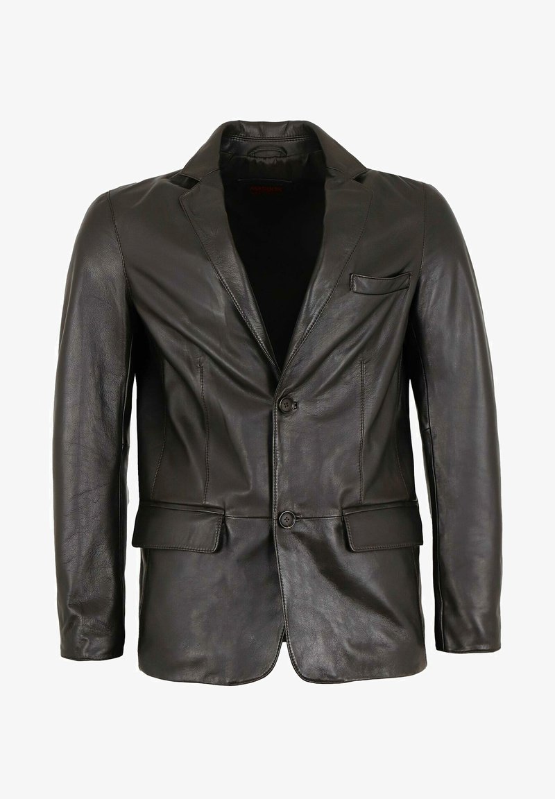 Schwarze Lederblazer mit Schößchen, zwei Fronttaschen, einer Brusttasche und zwei Knöpfen vorne. Glatte Textur.