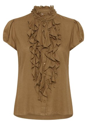 Ruskea lyhythihainen pusero, jossa korkea röyhelökaulus ja edessä laskeutuvat röyhelödraamanit, napitettava etuosan sulkeminen ja hieman puffatut hihat.