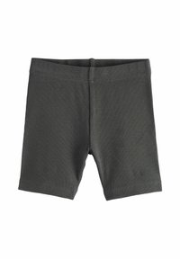 Shorts grigi con costine, aderenti, con una vita elastica e una texture liscia, adatti per l'abbigliamento casual o per attività sportive.
