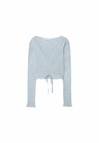 Maglione grigio corto realizzato in materiale a coste, con design avvolgente, maniche lunghe, un laccio all'orlo e bordi ondulati.