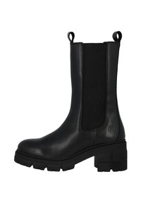 Black leather ankle boot with elastic side panels, thick block heel, and pull tabs. Features textured rubber sole with a pattern for grip.