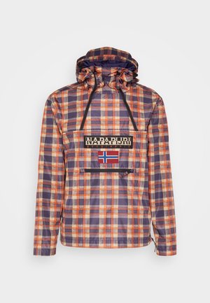 Karierter Kapuzenjacke in Orange, Lila und Creme mit vorderer Reißverschlusstasche, Napapijri-Logo und norwegischer Flagge auf der Brust.