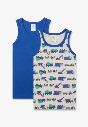 Due due canottiere per bambini: una blu uniforme e l'altra crema con motivi di veicoli da costruzione blu e verdi. Materiale di cotone, design senza maniche.