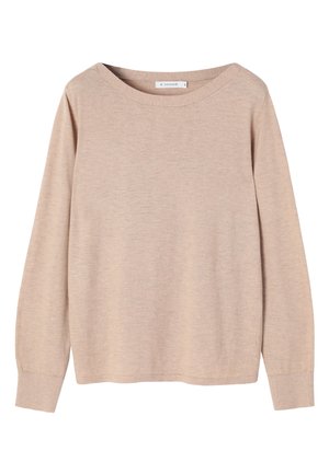 Beige langærmet sweater med vid halsudskæring, lavet af blødt strikstof. Har tætsiddende ærmer og et enkelt, udekoreret design.