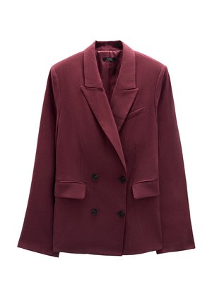 Burgundowa marynarka dwurzedowa z teksturowanej tkaniny, z długimi rękawami, klapami i dwiema przednimi kieszeniami z czarnymi guzikami.