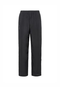 Pantalons noirs imperméables avec taille élastique, poches latérales, coupe droite et design minimaliste. Comprend un détail de marque discret sur la jambe.