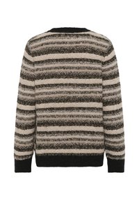 Raidallinen neulepaita beige, musta ja taupe. Teksturoitu neulekangas, jossa pyöreä pääntie ja ribbireunat. Takapuolelta näkyvät vaakasuorat raidat.