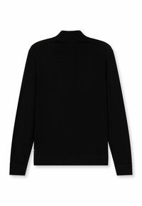 Schwarze Strickjacke mit langen Ärmeln und Kragen, mit glatter Textur und enganliegenden Bündchen, nahtloses Design ohne sichtbare Verschlüsse.