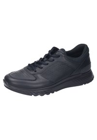 Schwarze Sportschuhe aus Leder mit durchbrochenen Akzenten, runder Zehenpartie, gepolsterter Sohle und flachen Schnürsenkeln. Gummiaußensohle für besseren Halt.