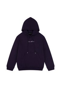 Purple hoodie made of soft material, featuring a front pocket, drawstring hood, and embroidered logo on the chest.