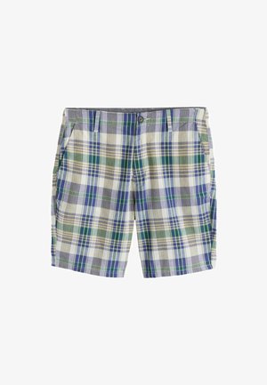 Heren geruite korte broeken in blauw, groen, beige en wit met voorzakken en knoopsluiting in de taille.