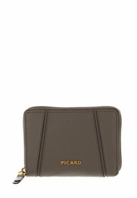 Grey leather wallet with textured finish, featuring vertical seam accents and gold "PICARD" logo on the front. Zipper closure.