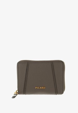Portefeuille en cuir gris à finition texturée, avec des accents de coutures verticales et le logo doré "PICARD" sur le devant. Fermeture à glissière.