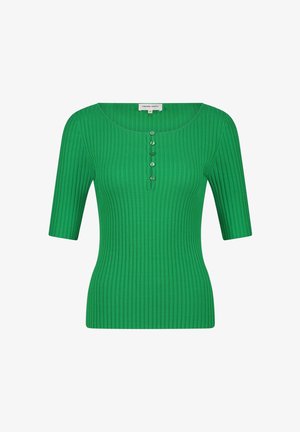 Grünes geripptes Strickoberteil mit runder Ausschnitt, kurzen Ärmeln und fünf Knöpfen auf der Vorderseite, mit figurbetonter Silhouette und strukturiertem Stoff.