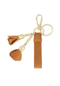 Tan leather keychain with gold-tone hardware, featuring two flower accents and a loop attachment. Smooth texture and detailed stitching.