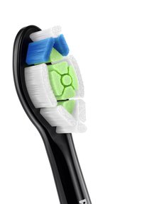 Tête de brosse à dents électrique avec un manche noir. Comprend des poils bleus, verts et blancs disposés en différentes hauteurs et formes pour le nettoyage.