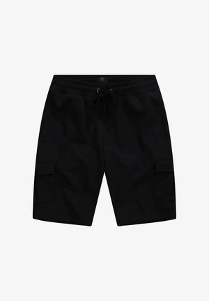 Czarne szorty cargo wykonane z miękkiego materiału, z elastycznym paskiem w talii i sznurkiem, dwiema kieszeniami po bokach oraz gładką fakturą.