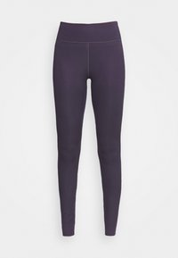 Fioletowe legginsy z wysokim stanem, wykonane z elastycznej tkaniny, charakteryzujące się gładką fakturą i minimalnym szwem dla uzyskania eleganckiego designu.