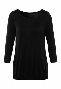 Schwarzes Langarmoberteil aus weichem, dehnbarem Stoff. Verfügt über einen runden Halsausschnitt und einen elastischen Saum. Schmeichelnde Textur, lässige Passform.