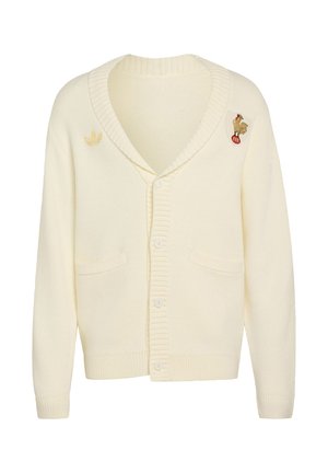 Kremet cardigan med ribbet krave og manchetter, med to forlommer foran. Broderet logo på venstre bryst og hane-patch på højre.